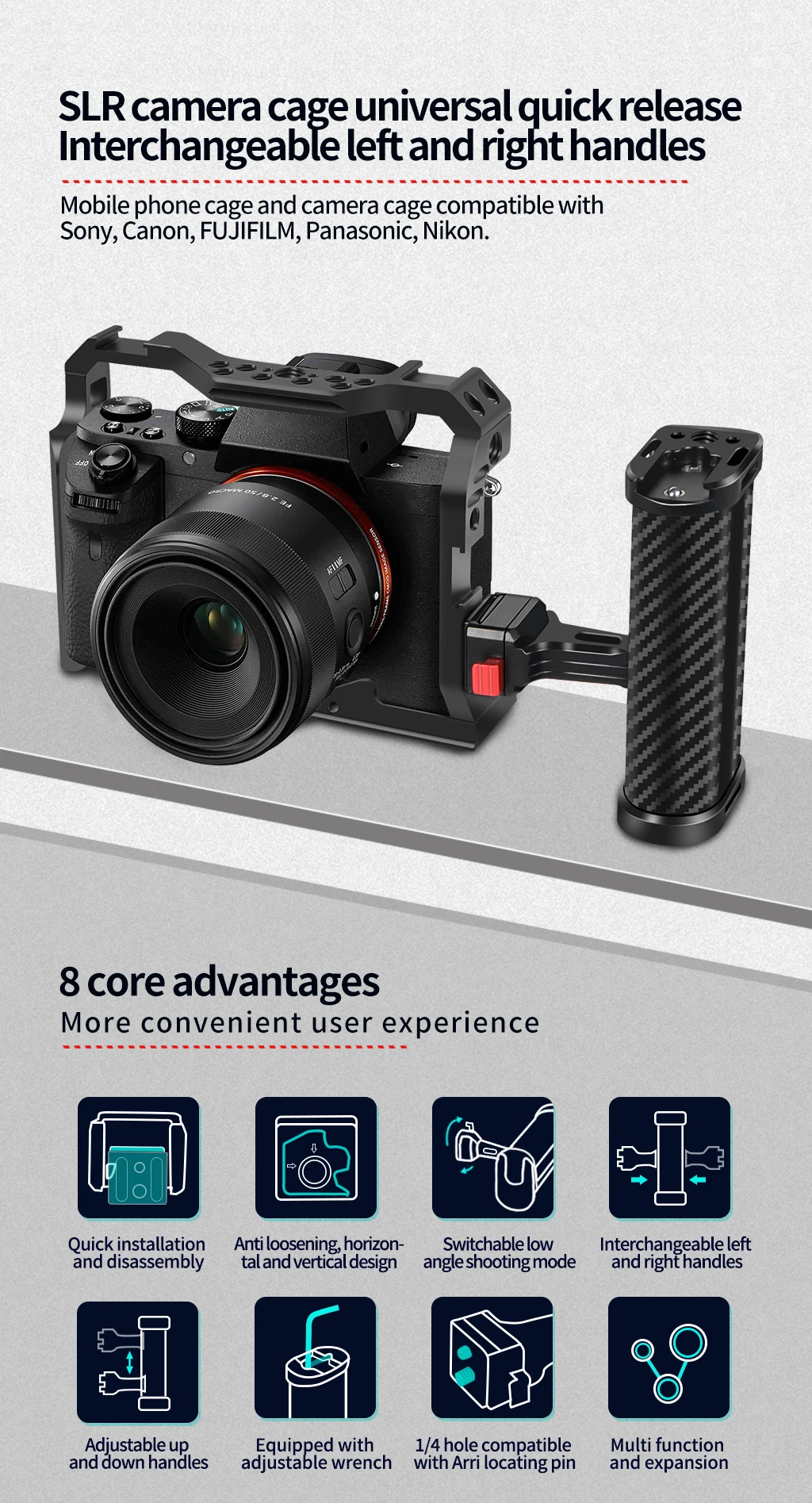 Universeller kamera käfig seiten griff für sony canon dslr kamera käfig handgriff 1/4 arri loch kalte schuh halterung für mikrofon video licht – Detail 1