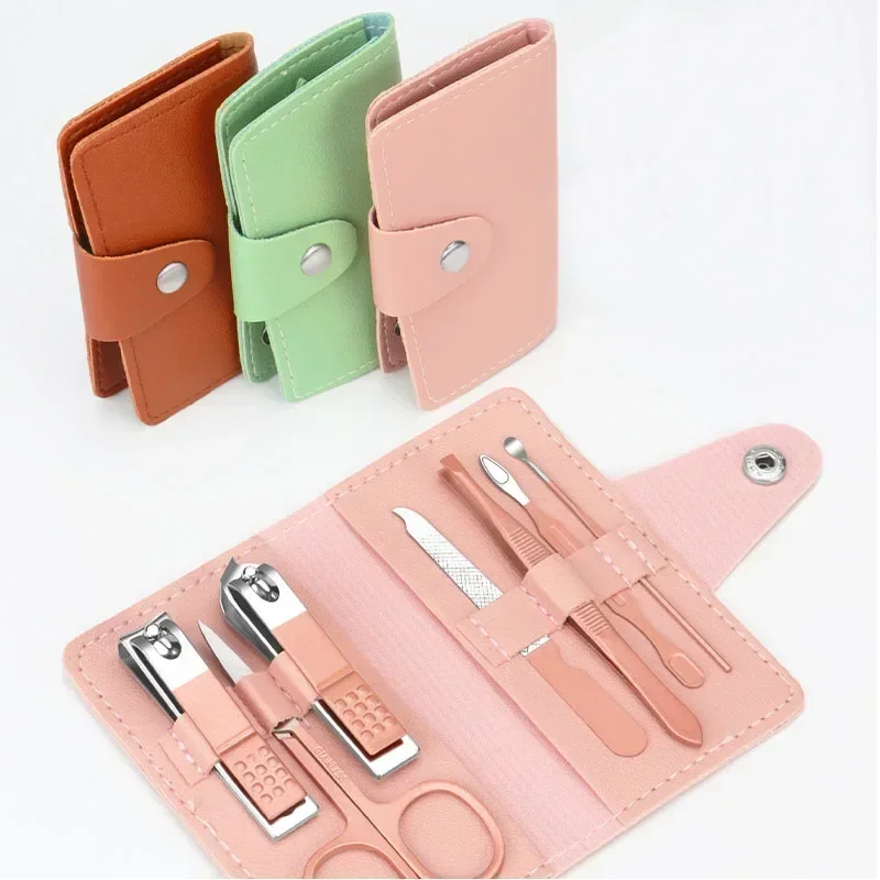 네일 케어 7pcs 커터 가위 족집게 클리퍼 매니큐어 페디큐어 키트 세트 다채로운 PU 가죽 케이스 매니큐어 키트 세트