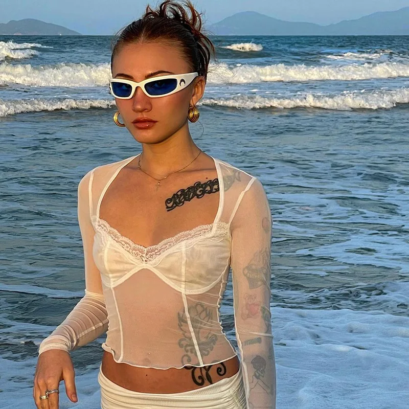 

Woman Long Sleeve Mesh Crop T-shirt Floral Patchwork See Through Casual Crop T-Shirt 2Color S-L