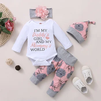0-24 mesi neonato set di abbigliamento per bambina pagliaccetto a maniche lunghe + pantaloni rosa + cappello + fascia per capelli primavera autunno 4 pezzi vestito per bambina 1
