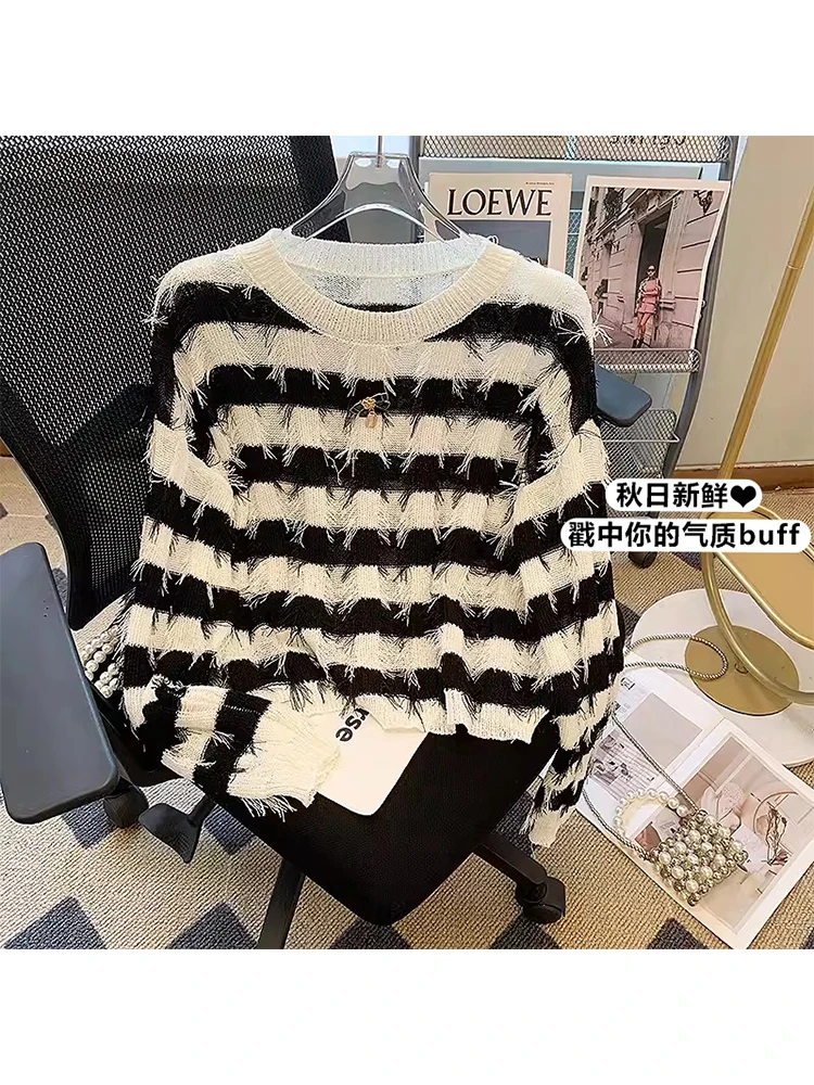

Women Black Striped Pullover Knitted Sweater Fashion Long Sleeve O-Neck Knit Sweater Korean Jumper 90s Y2k Vintage Clothes 2023