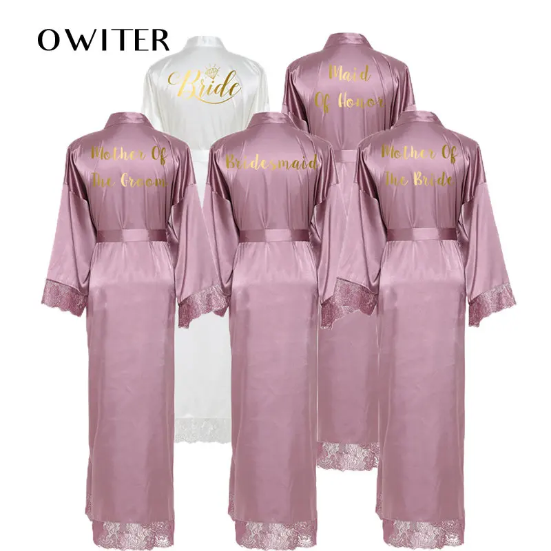 

OWITER Silk Satin Lace Robes White Bridesmaid Bride Wedding Long Robe Bathrobe Plus Size Maid of Honor Gown Pajamas