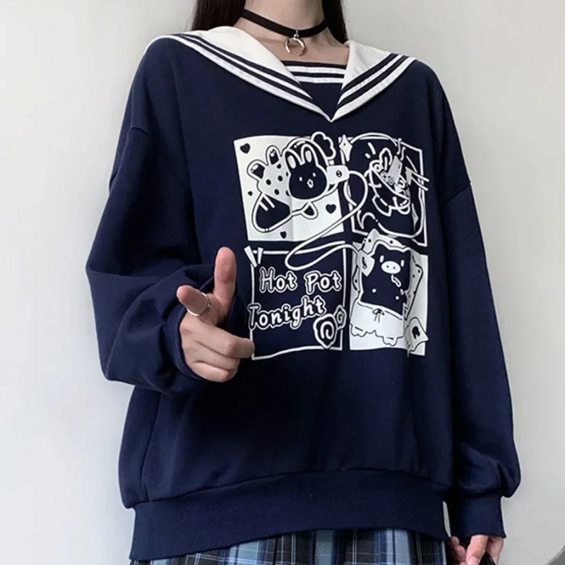 Kawaii Navy Collar JK Sweatshirts Sweet Girl Cartoon Printed Loose Leisure Pullovers Autumn Winter Women Cute Fashion Chic Tops