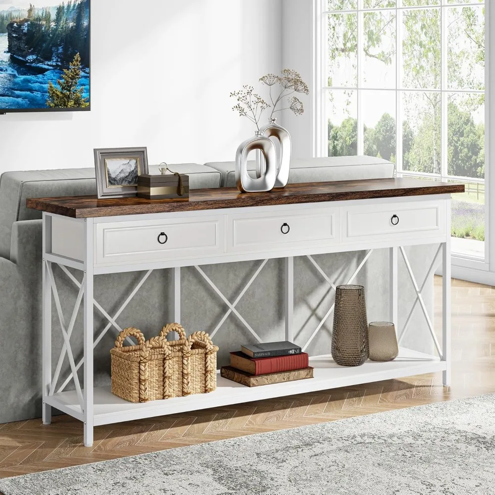 70.8" Console Table with 3 Drawers, Farmhouse Entryway Table with Storage Shelf, Narrow Long Sofa Foyer Table ,  (White/Brown) 6