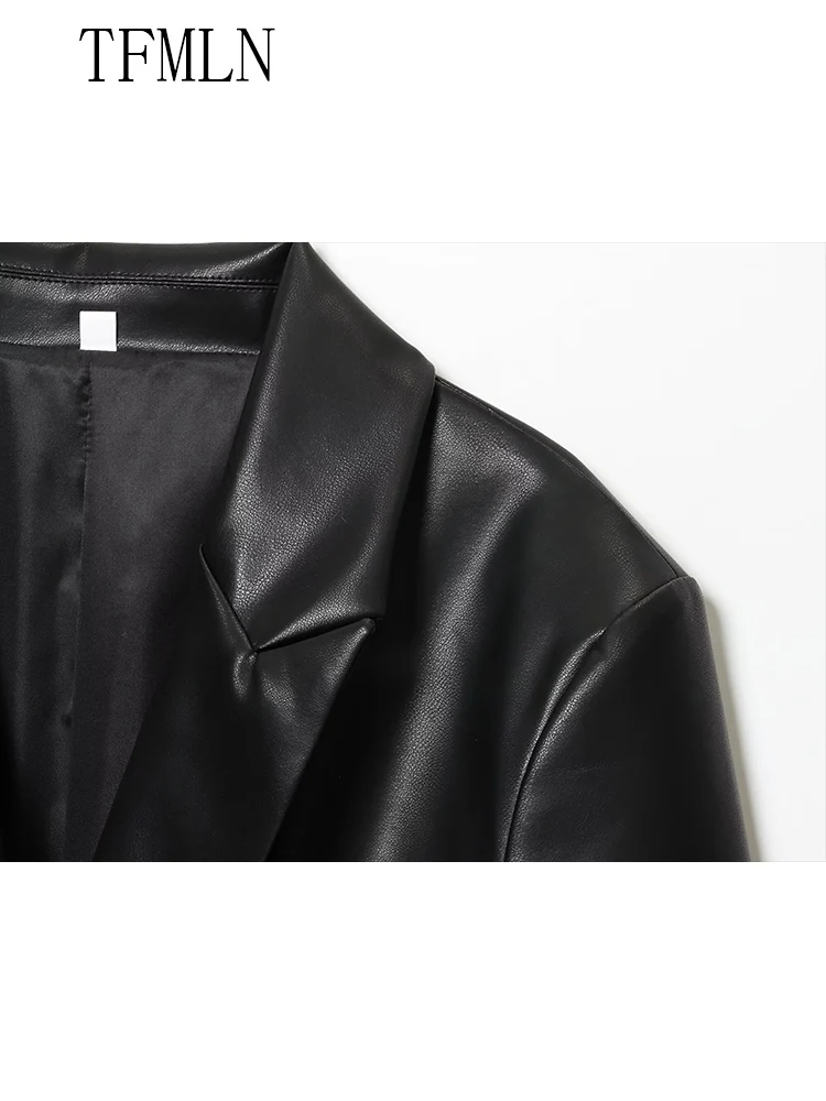 Fashion Women Slim Faux Leather Jackets 2025 Autumn Winter Notched Single Button Causal Chic Coats Full Sleeve Pockets Outwear