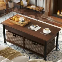 Lift Top Coffee Table with Hidden Storage Compartment and Rattan Baskets,Retro Central Table with Wooden Lift Tabletop 2