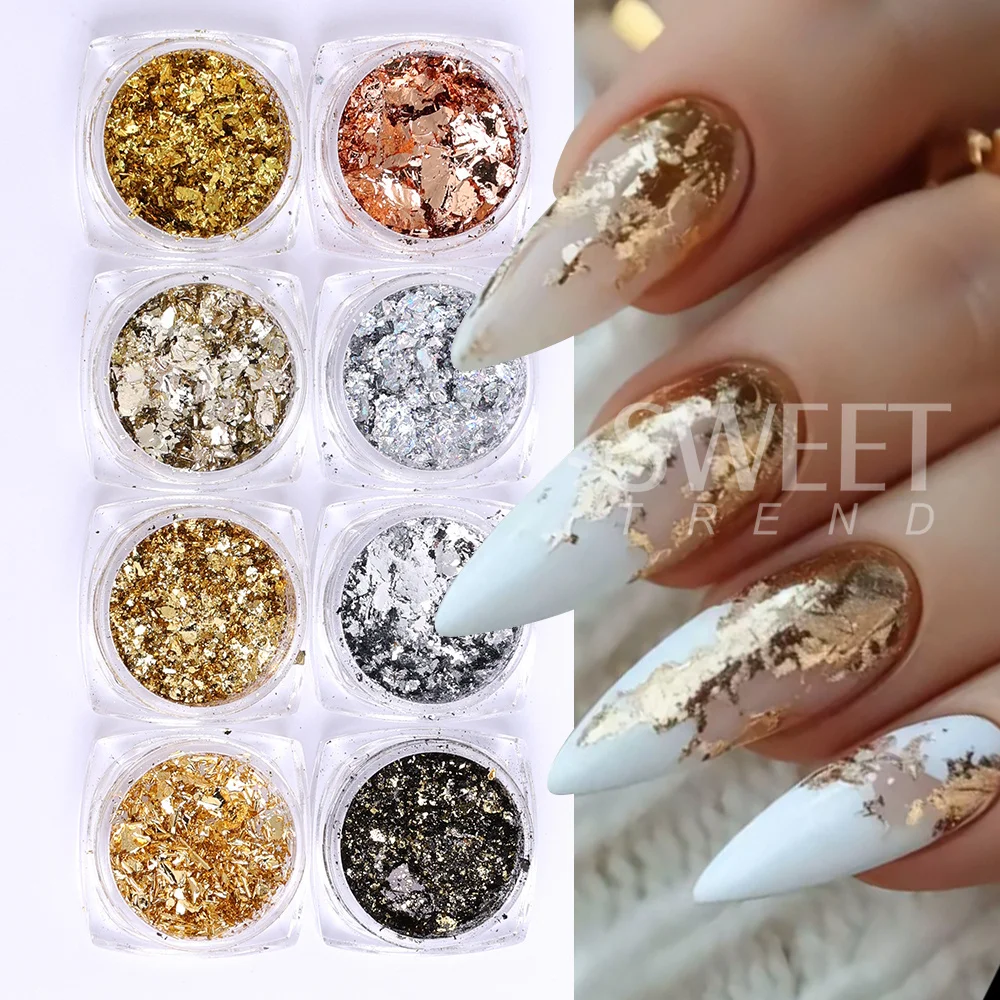 8pcs Rose Gold Silver Black Irregular Foil Paper Fragments Nail Flakes Gold Foils Nail Sequin Sticker Glitter DIY Manicure Decor