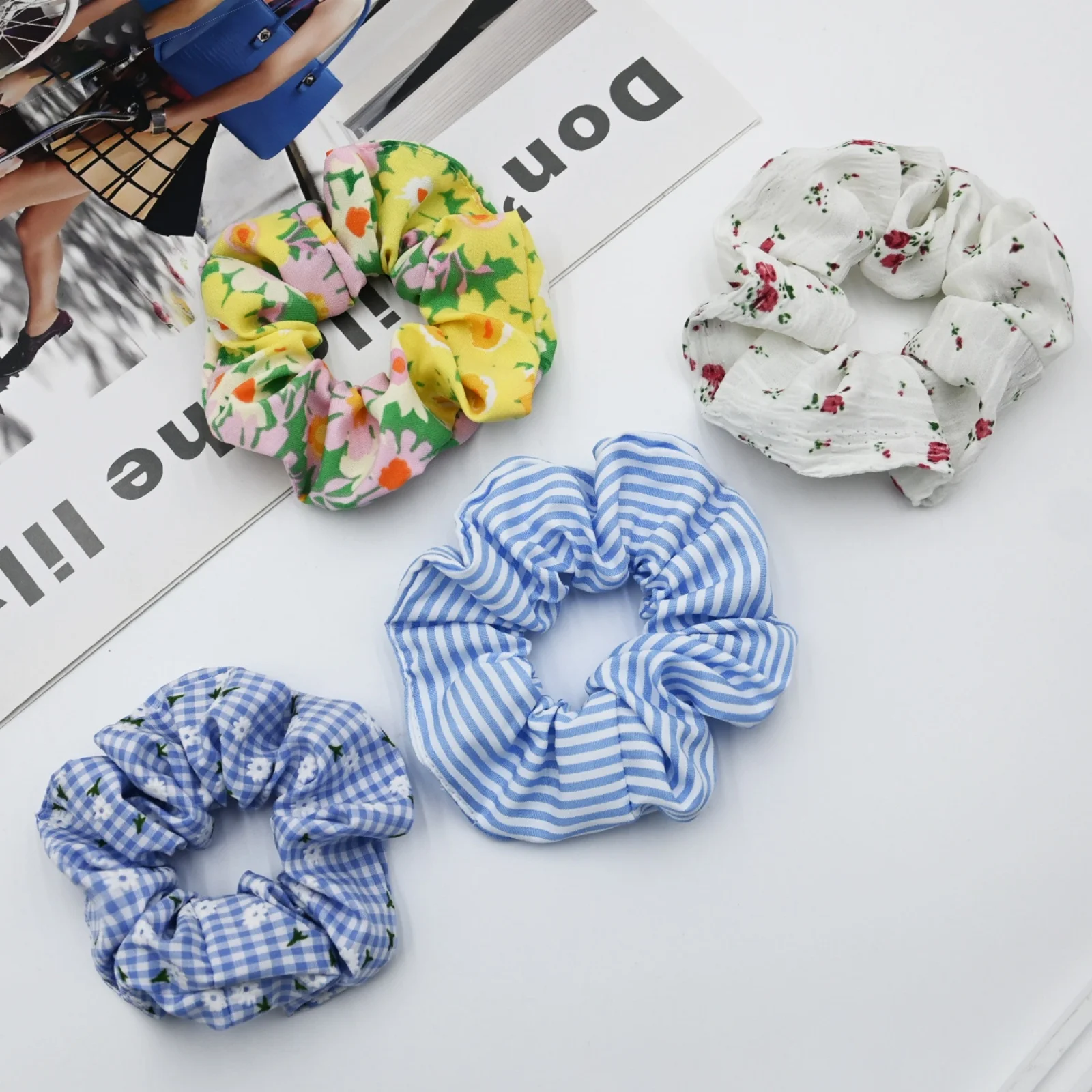 1PC Blue Series Hair Scrunchies Collection - 4 Styles (Floral/Striped/Checkered), Trendy Hair Accessories