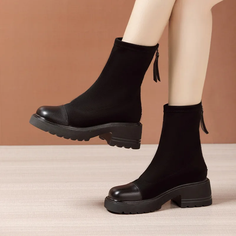 

5cm Medium-heeled Female New Low Heel Black Short Boots Socks Boot Shoes For Women