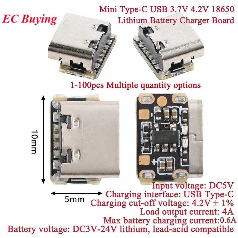 100 Stück/1 Stück 3,7 V 4,2 V Mini 18650 Lithium-Batterie-Ladegerät-Platine Typ-C USB-Eingangsmodul Tastatur-Lade-Power-Schutzplatine