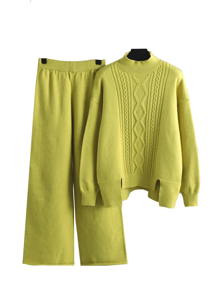 CHILLIGO Women Two Piece Sweater Suits Halter High Collar Pullovers Long Wide Leg Pants Fashion Winter Thick Warm Knitting Set