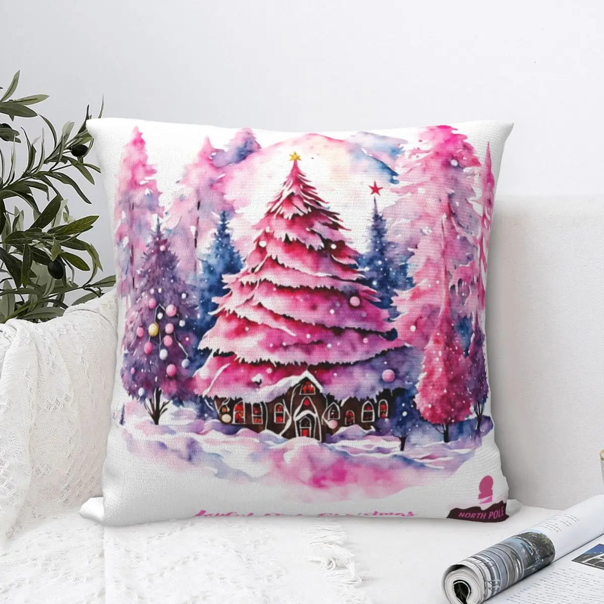 

Merry Christmas Pillow Cover Pink Tree Snow Winter Cushion Cover Printed Pillow Case Funny Pillowcases For Sofa Home Decorative