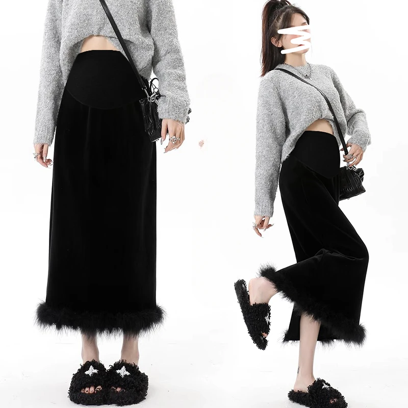 Autumn Winter Maternity Black Skirts Back Split Fur Hem Patchwork Pregnant Woman Straight Skirt Length 90cm