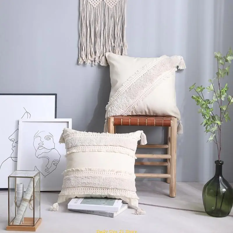 

Bohemian Nordic Woven Tufted Throw Pillow for Case Tribal Morocco Black White Plaid Striped Tassels Decorative Cushion Cover for