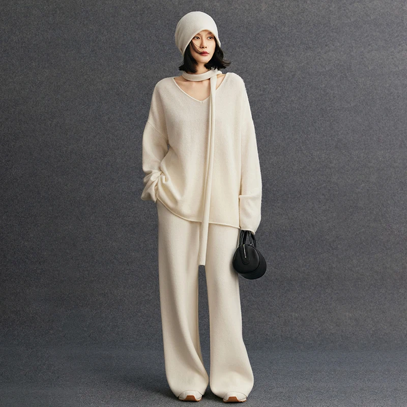 Women's matching set 100% cashmere loose rolled edge V-neck pullover sweater casual solid knitted wide leg pants two-piece set 4