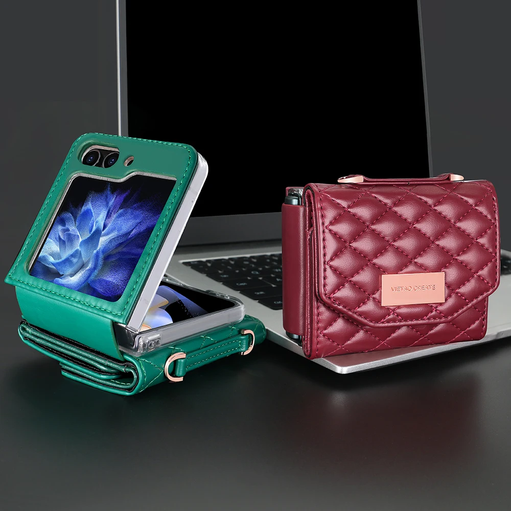 Custodia a portafoglio in pelle con tracolla e carte Solt per Samsung Galaxy Z Flip 6 5 4 3 5G Flip6 Flip5 con cinturino a diamante e tripla piega_voghion.com