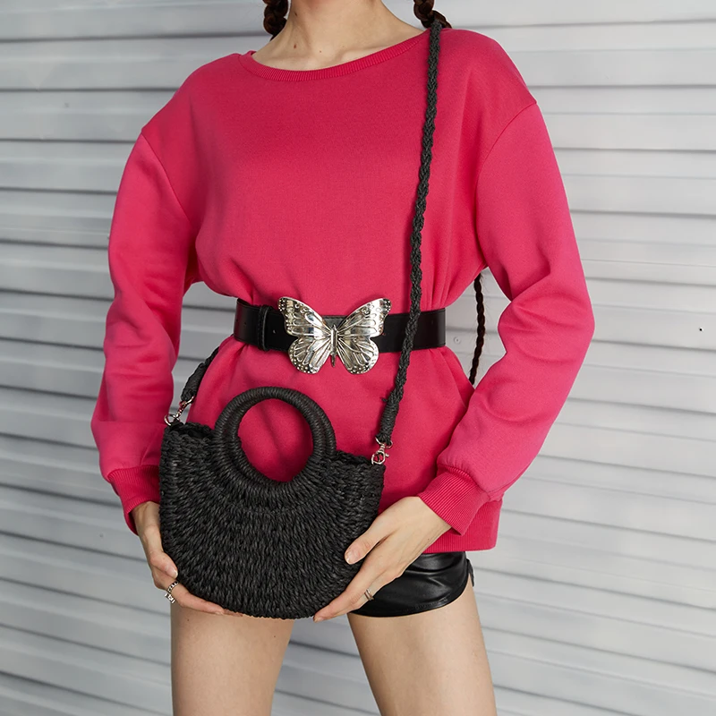 Summer Handmade Bags for Women Beach Weaving Ladies Straw Bag Wrapped Beach Bag Moon shaped Top Handle Handbags Totes