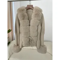 Autumn/Winter 2024 Women's Fur Coat Luxury Patchwork Knitted Sweater Bandage Fur Cardigan Detachable Collar Jacket Faux Fur Coat 1