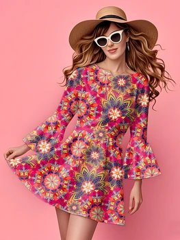 Abito hippie retrò da donna anni '70 Vibrante floreale Segno di pace Stampa girocollo Casual Primavera Estate Autunno Manica a campana Abito hippie 1