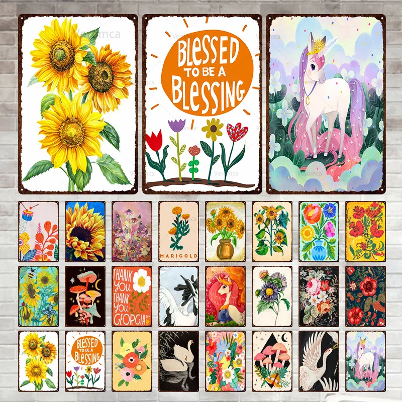 

Beautiful Flowers Vintage Metal Sign Decor Plate Lotus Sunflower Poster Tin Sign Metal Wall Plaque for Pub Club Home Room Decor