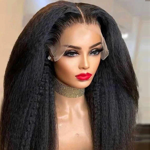 

Kinky Straight Wig 220% Density Black Yaki Lace Front Wig For Women With Baby Hair Synthetic Wigs Heat Temperature Glueless