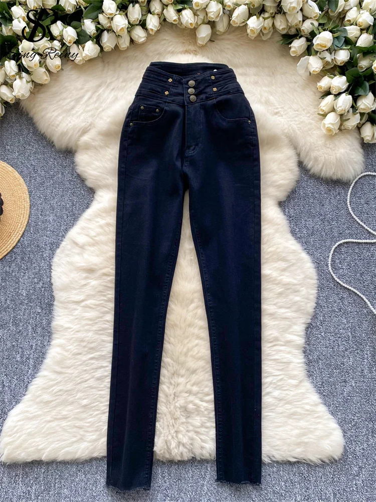 SINGREINY Autumn Skinny Denim Trousers Women High Waist Zipper