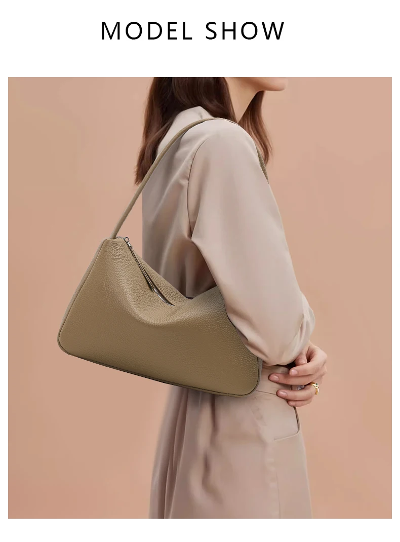 Neue Elefantengraue Kuhleder-Unterarmtasche für Damen, genarbtes Leder, Einzelriemen, Reißverschluss, tägliche Schulterhandtasche – Detail 1
