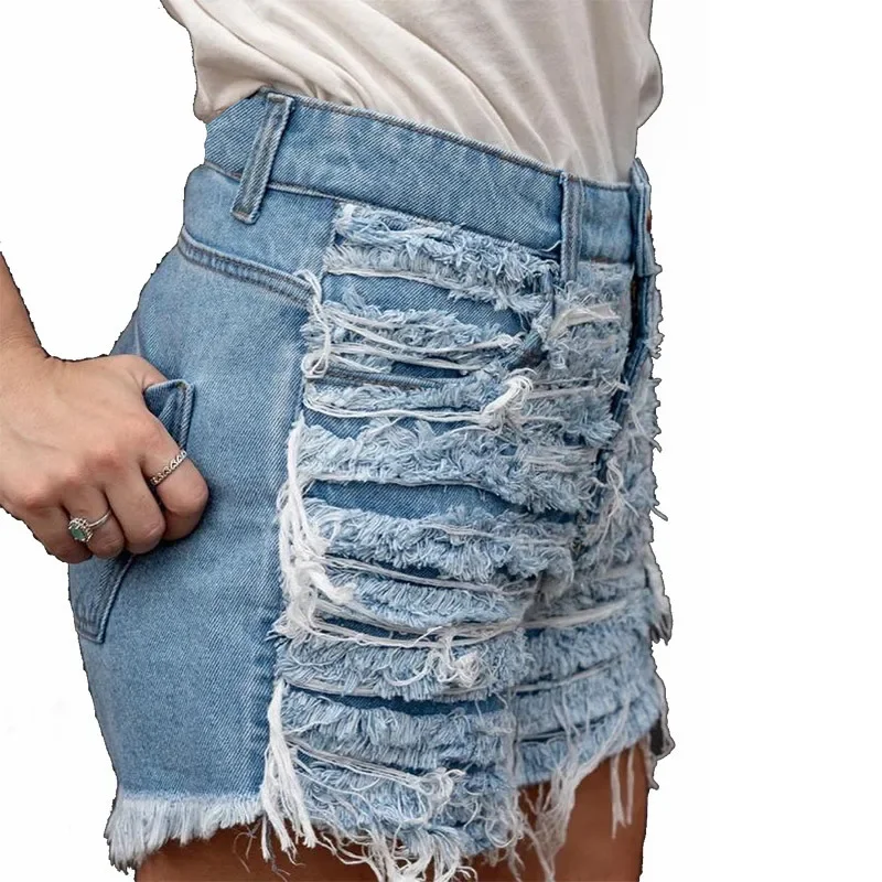 Plus Size Light Blue Ripped Cut Out Denim Shorts With Tassel Women Streetwear High Waist Hollow Out Sexy Hole Jean Shorts Female