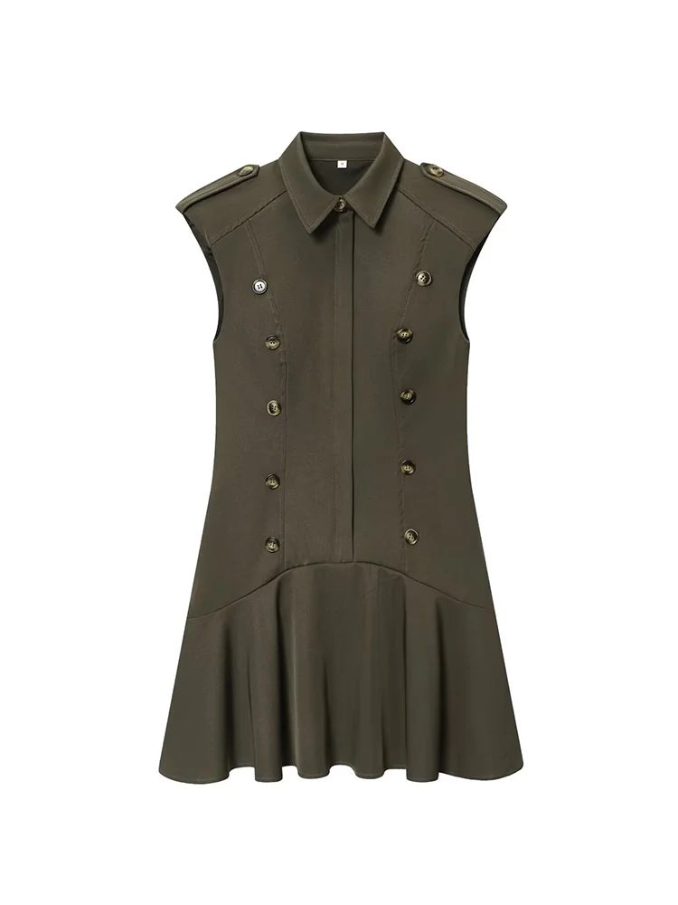 New Women's Short Dress With Padded Shoulder Sexy Lapel Button Decoration Sleeveless Slim A Line Dress Fashion High Street