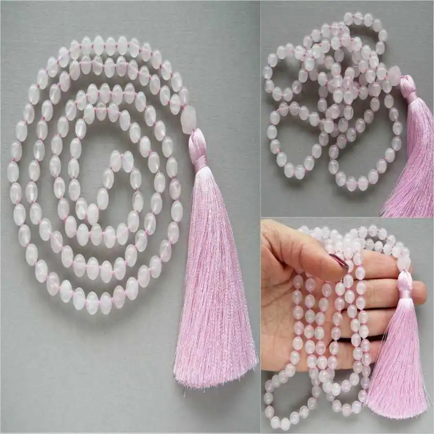 

8mm Rose Quartz 108 Beads Handmade Tassel Long Necklace Bridal Rustic Stone Couples Zen Lariat Crystal Gift Fashion accessory