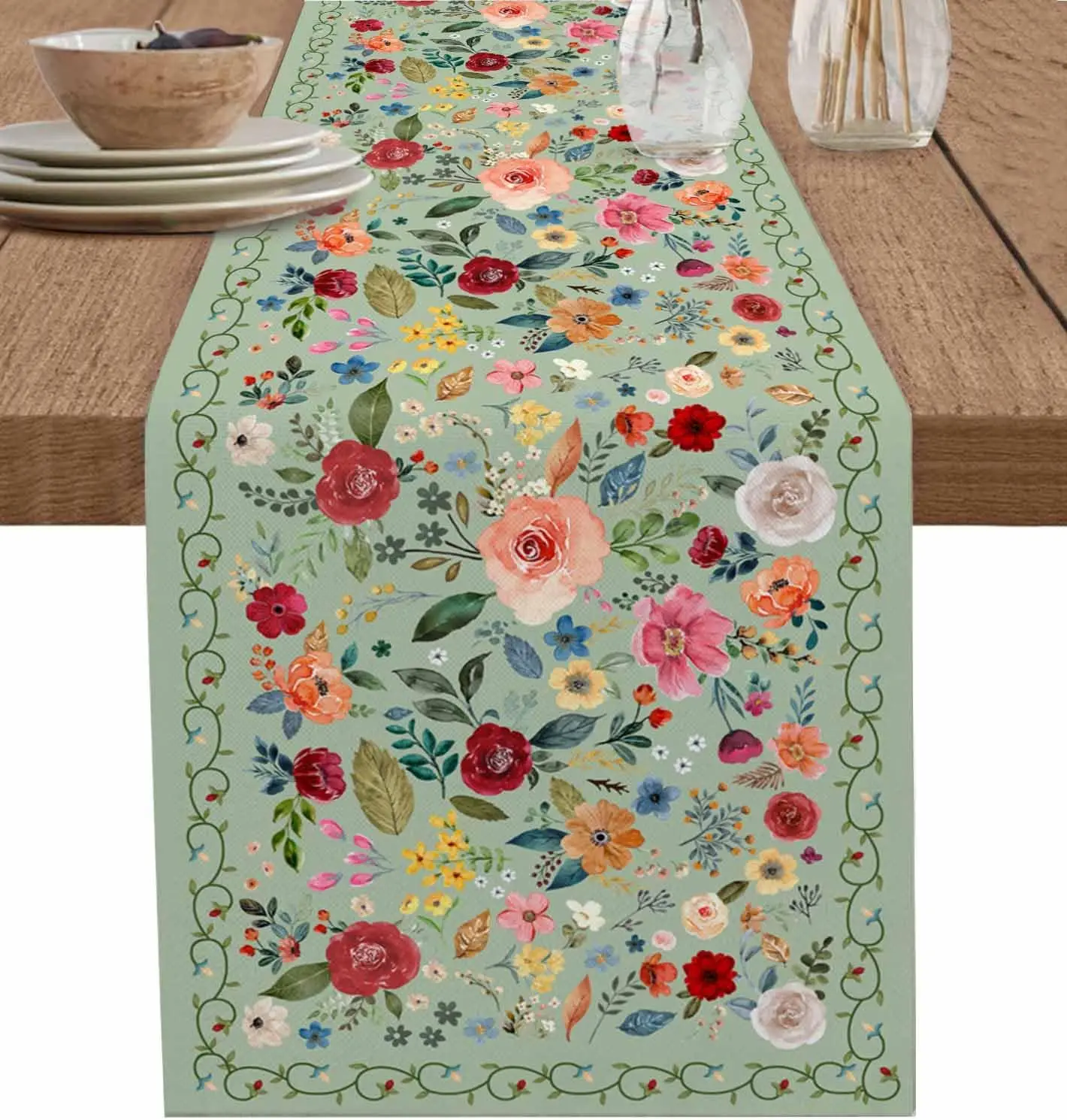 Spring Vintage Flowers Plants Green Linen Table Runner Party Decor Farmhouse Kitchen Dining Table Runner Wedding Decorations macrame table runner