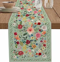 Spring Vintage Flowers Plants Green Linen Table Runner Party Decor Farmhouse Kitchen Dining Table Runner Wedding Decorations 1