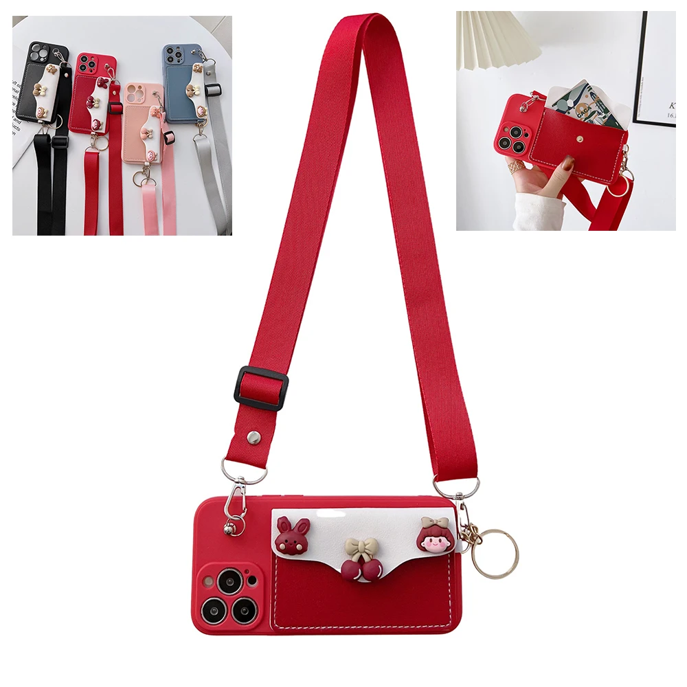 Cute Phone Cases for iPhone 13 12 11 Pro Max 6 7 8 Plus x XR Xs Max Handbag Wallet A for iPhone 12 Mini / Red / with Lanyard