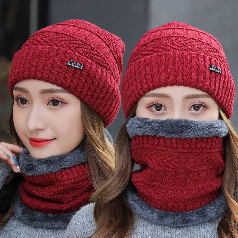 

2Pcs Winter Warm Beanie Hat for Men Knitted Hat Winter Cap Beanie Women Thick Wool Neck Scarf Cap Balaclava Mask Bonnet Hats Set