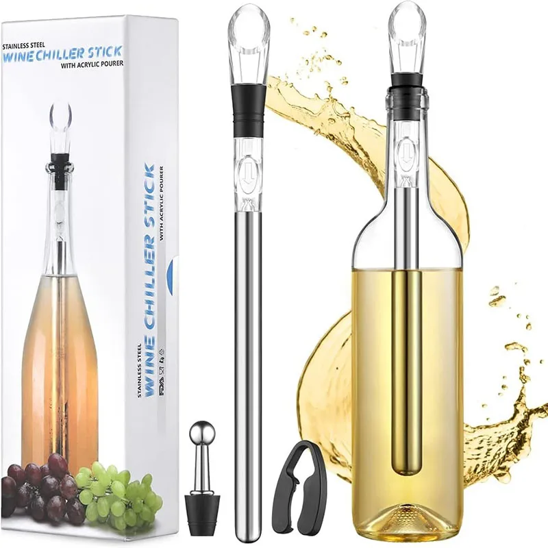 Stainless Steel Ice Wine Stick Wine Bottle Chiller Stick with Pourer & Aerator 3 in 1 Cooler Stick Set
