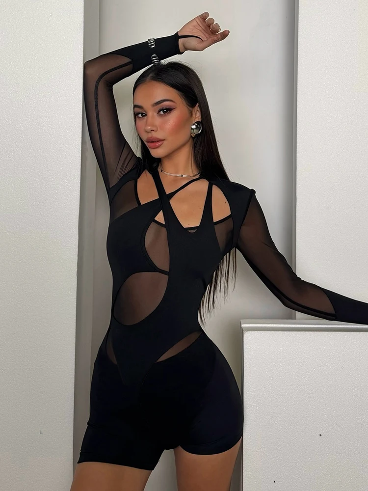 Nibber Mesh Patchwork Sexy Playsuits Women Cross Neck Full Sleeve Fashion Midnight Party Elasticity Skinny Street Wild Outfits