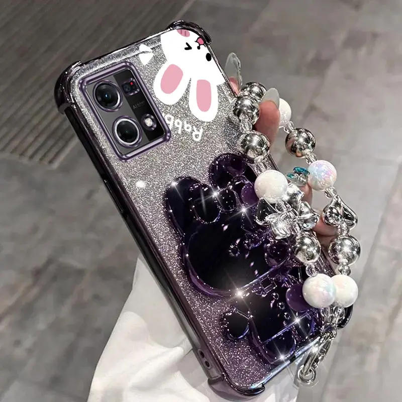 Airbag Glitter Mirror Rabbit Phone Holder Case with Anti-Knock Stand Back Cover