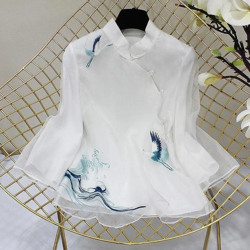 women chinese shirt embroidered top national style Tang shirt retro crane embroidered Chinese top women's new elegant loose white blue Hanbok shirt