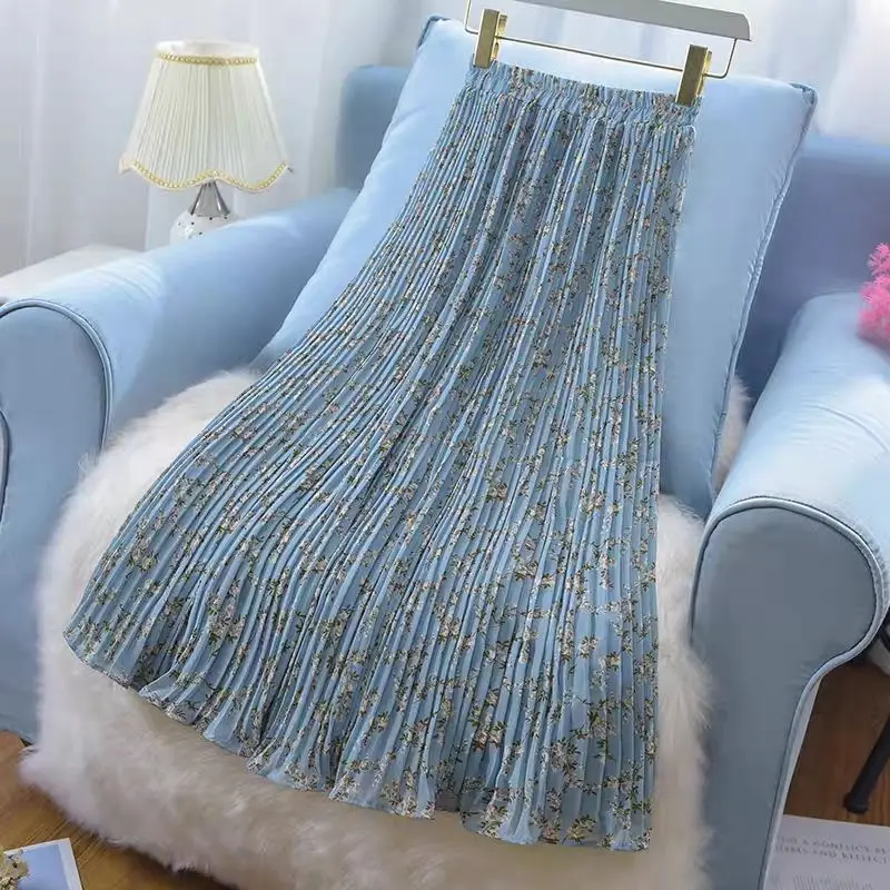 

Pleated Midi Skirt High Waist Floral Harajuku Japan Women's Long Skirts for Womens Outfit Korean Style Clothes Streetwear 90s