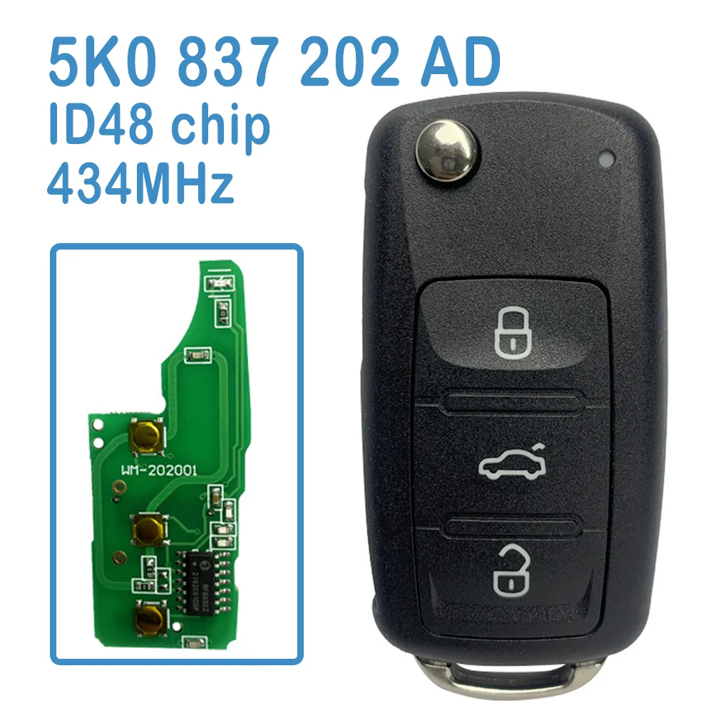 

5K0 837 202 AD Auto Smart Remote 2+1B ASK 434MHz ID48 Chip Flip Car Smart Key For Volkswagen Bettle Caddy Golf Polo Jetta Tiguan