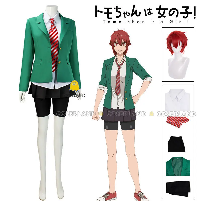 Anime Tomo-chan Is A Girl! Tomo Aizawa Junichirou Kubota Cosplay Costume  Wig Green Outfit School Uniform Skirt Spats Men Women