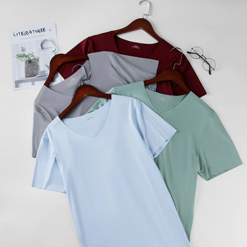 2025 Men's Thin Short Sleeve Ice Silk Without Summer Solid Color T shirt Trace Slim V-neck Bottoming Seamless short sleeve 3