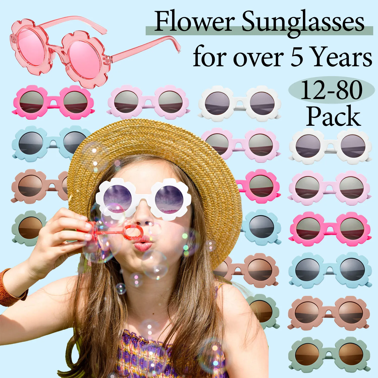 12-60Pcs Round Flower Sunglasses for Girls Toddler Cute Flower Glasses Outdoor Beach Eyewear Birthday Party Favors for Kids Gift