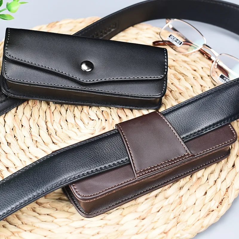 Creative Upscale Belt Wearable Cowhide Glasses Case Men Leather Reading Glasses Storage Box Phone Bags And Tool Carrying Cases