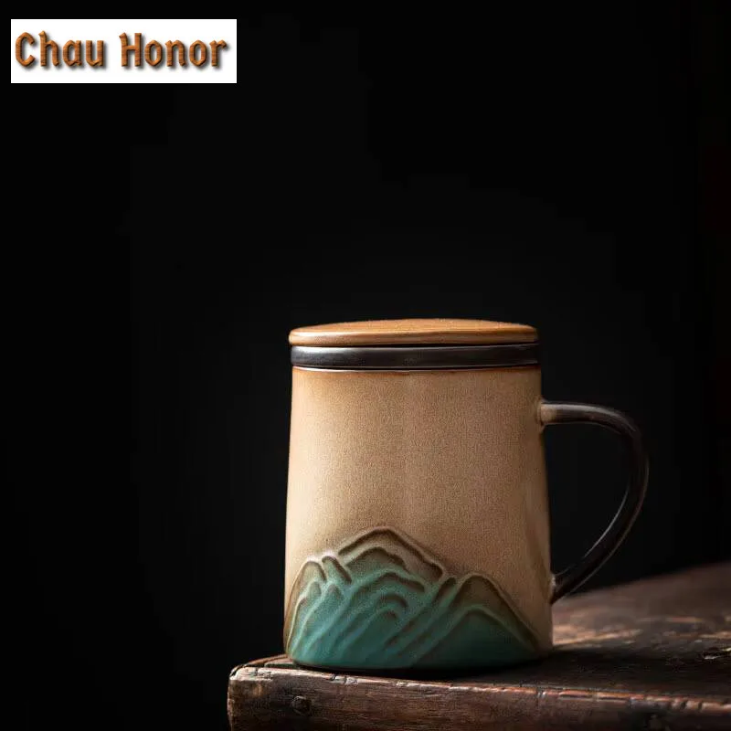 280ml Retro Distant Hills Coarse Pottery Filter Tea Separator Cup Zen Tea Mug with Infuser Tea Brewing Office Water Cup Craft