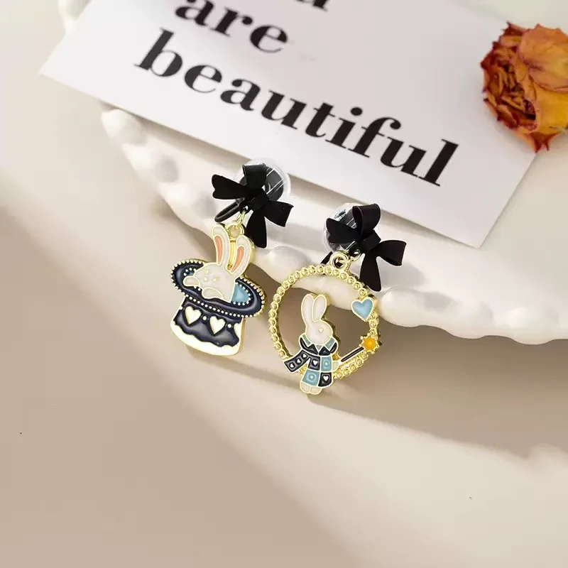 Cartoon Rabbit Bow Stud Earrings for Women Girls Cute Asymmetric Enamel Earring Jewelry Accessory Party Gifts