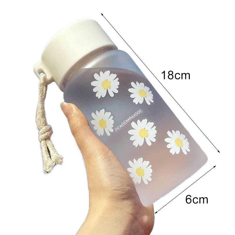 4pcs Matte Finish Large Mouth Daisy Design Plastic Water Bottle With Rope  Handle, Summer Trendy Portable Drinking Bottle For Girls