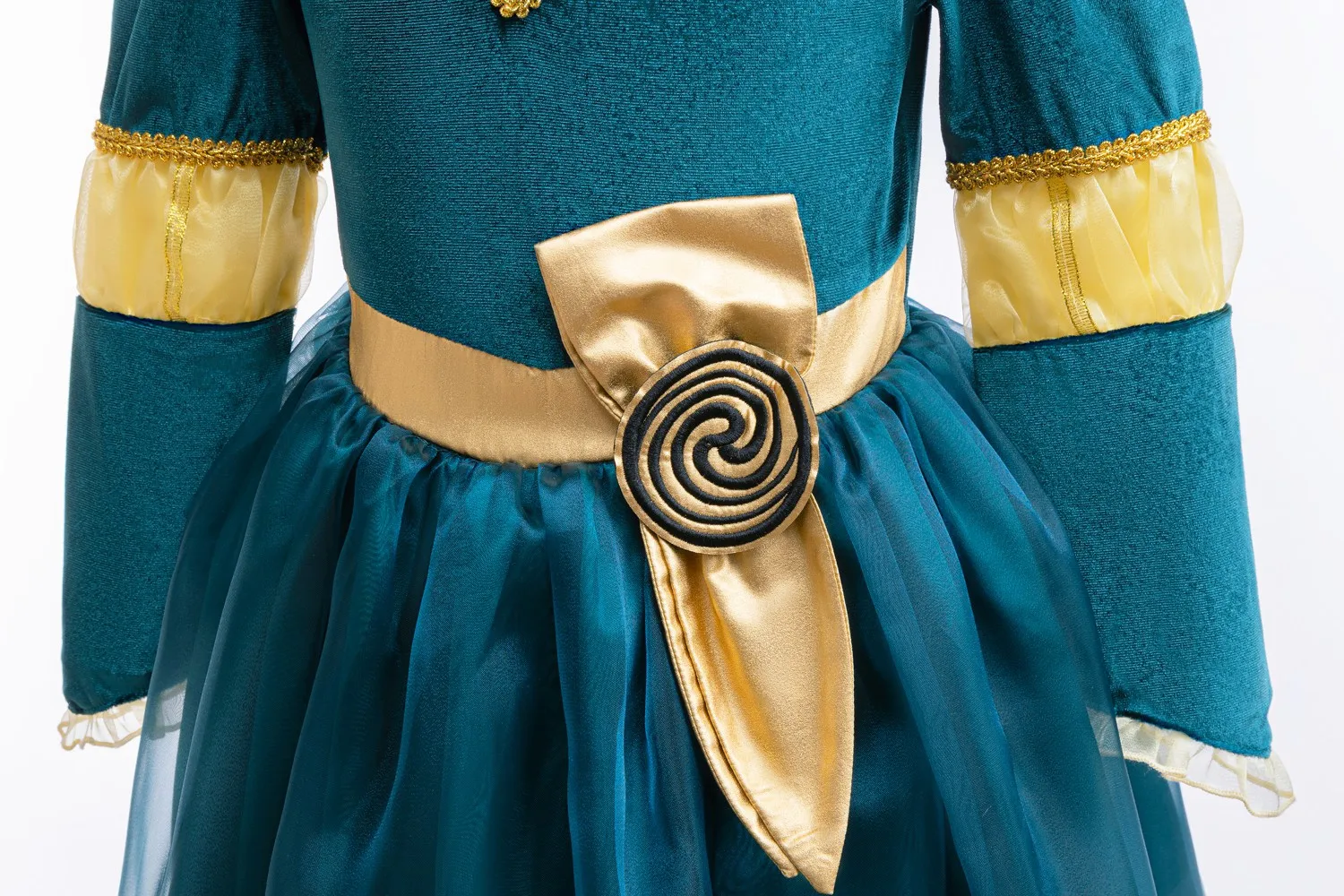 Brave Merida-Kostüm für Mädchen, ausgefallenes blaugrünes Samt-Partykleid, mittelalterlicher Stil, goldenes Muster, langärmelig, Halloween-Cosplay-Kostüm – Detail 9