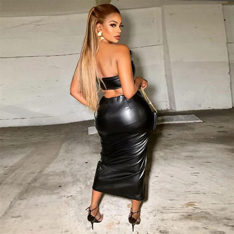 Sexy Separate Two-Piece Suits Women Wrap Hip Pencil Long Skirt Ultra Short Metal Buckle Tops Female Nightclub Patent Leather Set