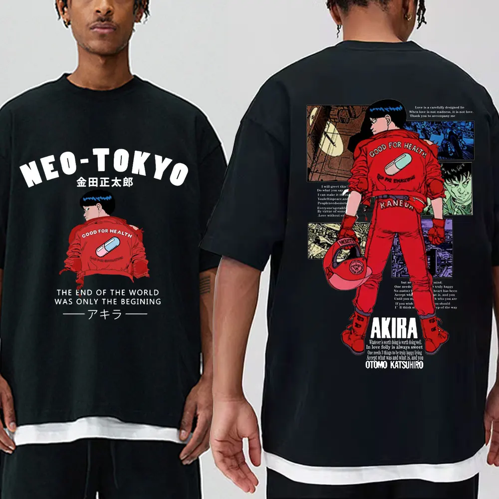 

Футболка Мужская/женская с японским аниме, модная рубашка с двусторонним принтом Акира Нео Токио, с рисунком манга в стиле Харадзюку, уличная одежда с круглым вырезом
